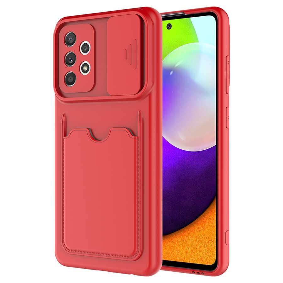 Samsung Galaxy A72 Kılıf Cüzdan Sürgülü Kamera Korumalı Kartllıklı Bölmeli Kapak (Kartix) Kırmızı