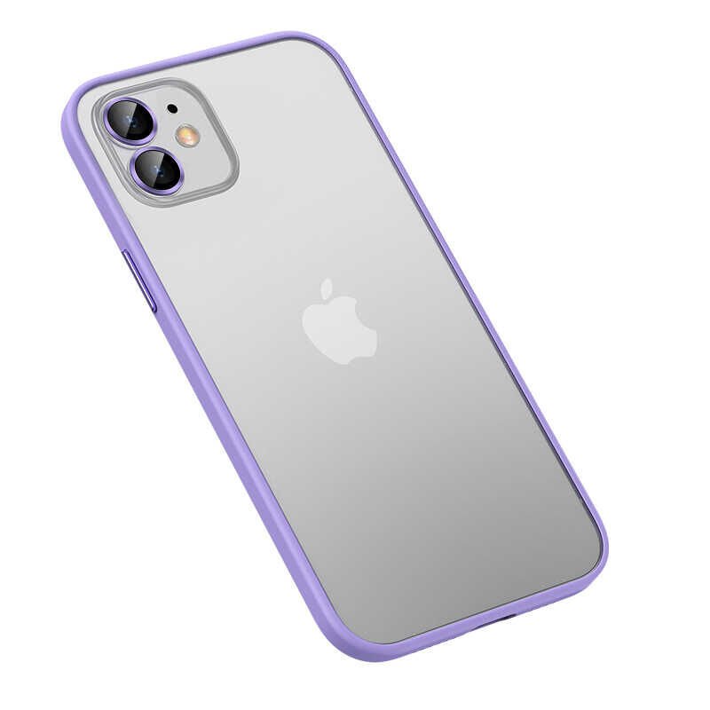 Apple  iPhone 12 Kılıf Lens Koruyuculu Kenarları Renkli Arkası Mat Kapak (retro) Koyu Mor