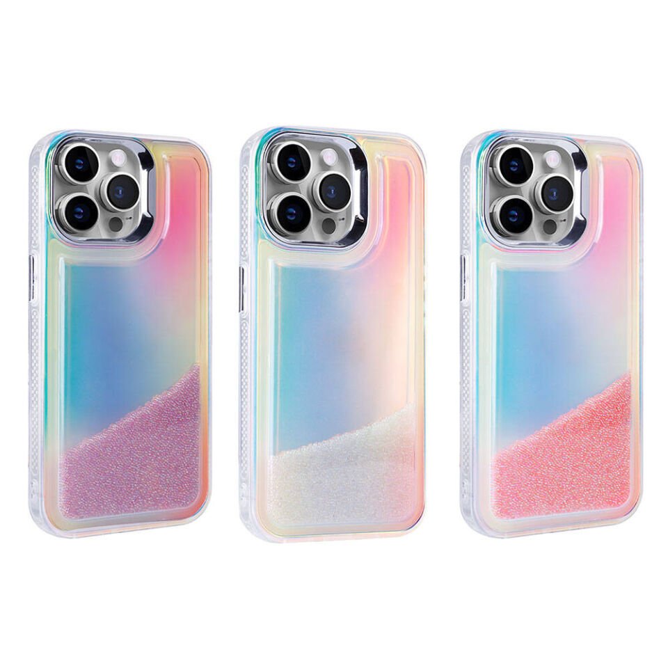 Apple iPhone 14 Pro Max Kılıf Airbagli Renkli Arka Yüzey Boncuk Tasarımlı Kapak (Kumul) Pembe