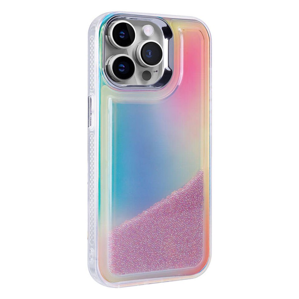 Apple iPhone 14 Pro Max Kılıf Airbagli Renkli Arka Yüzey Boncuk Tasarımlı Kapak (Kumul) Pembe