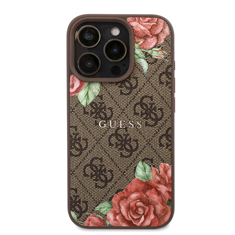 Apple iPhone 16 Pro Kılıf Guess Orjinal Lisanslı Magsafe Şarj Özellikli Gül Baskılı 4G Desenli Yazı Logolu Kapak