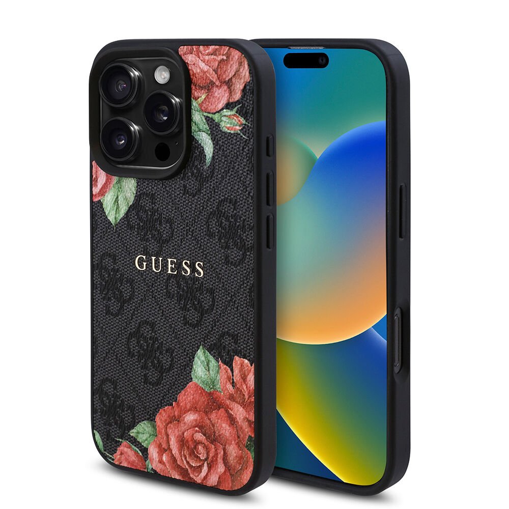 Apple iPhone 16 Pro Max Kılıf Guess Orjinal Lisanslı Magsafe Şarj Özellikli Gül Baskılı 4G Desenli Yazı Logolu Kapak
