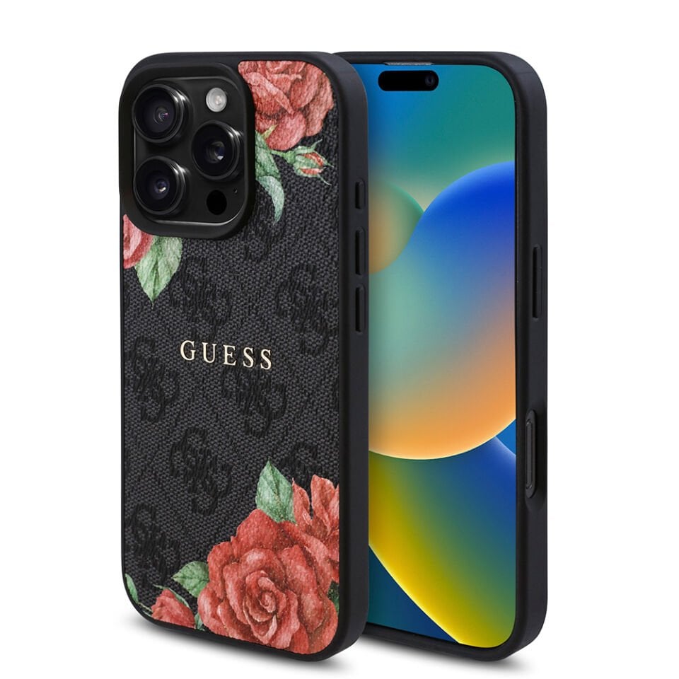 Apple iPhone 16 Pro Max Kılıf Guess Orjinal Lisanslı Magsafe Şarj Özellikli Gül Baskılı 4G Desenli Yazı Logolu Kapak