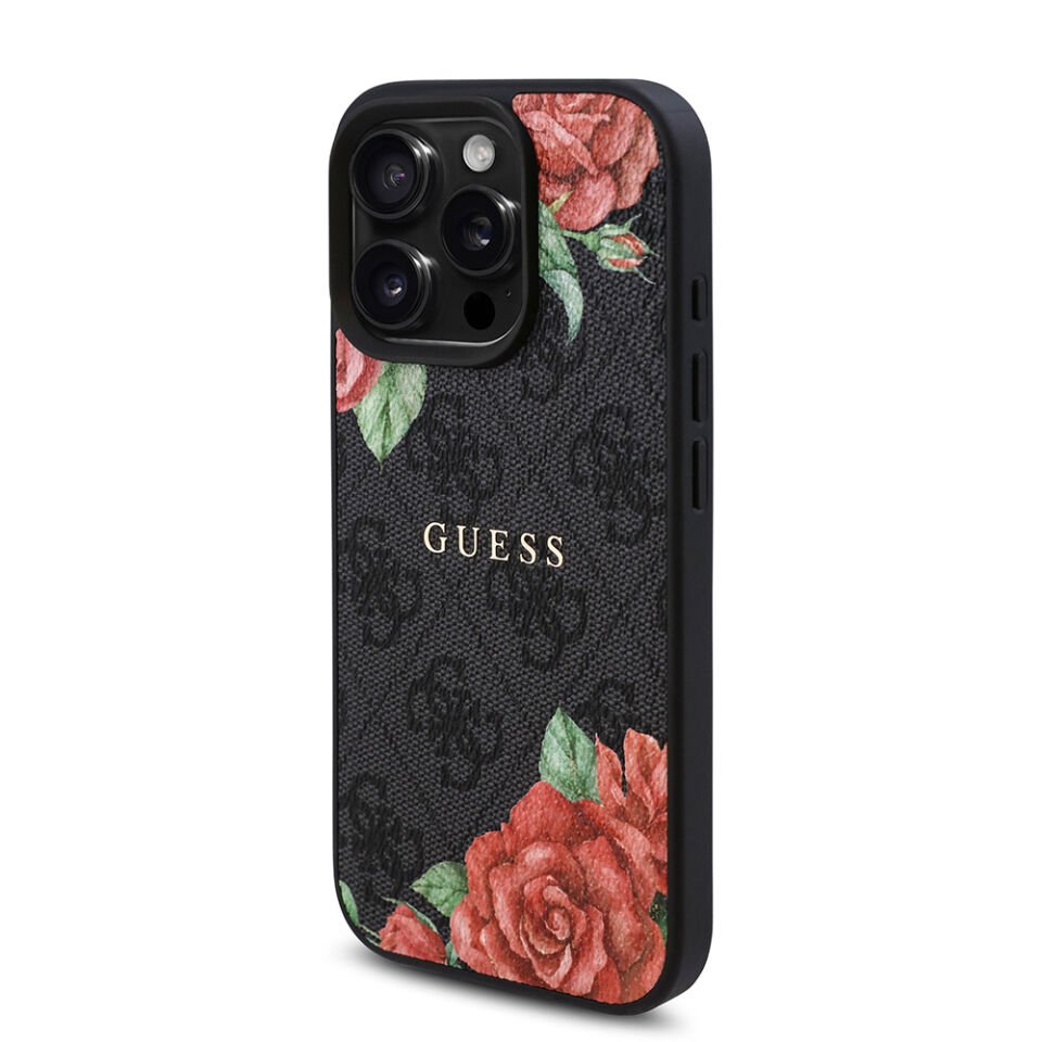 Apple iPhone 16 Pro Max Kılıf Guess Orjinal Lisanslı Magsafe Şarj Özellikli Gül Baskılı 4G Desenli Yazı Logolu Kapak