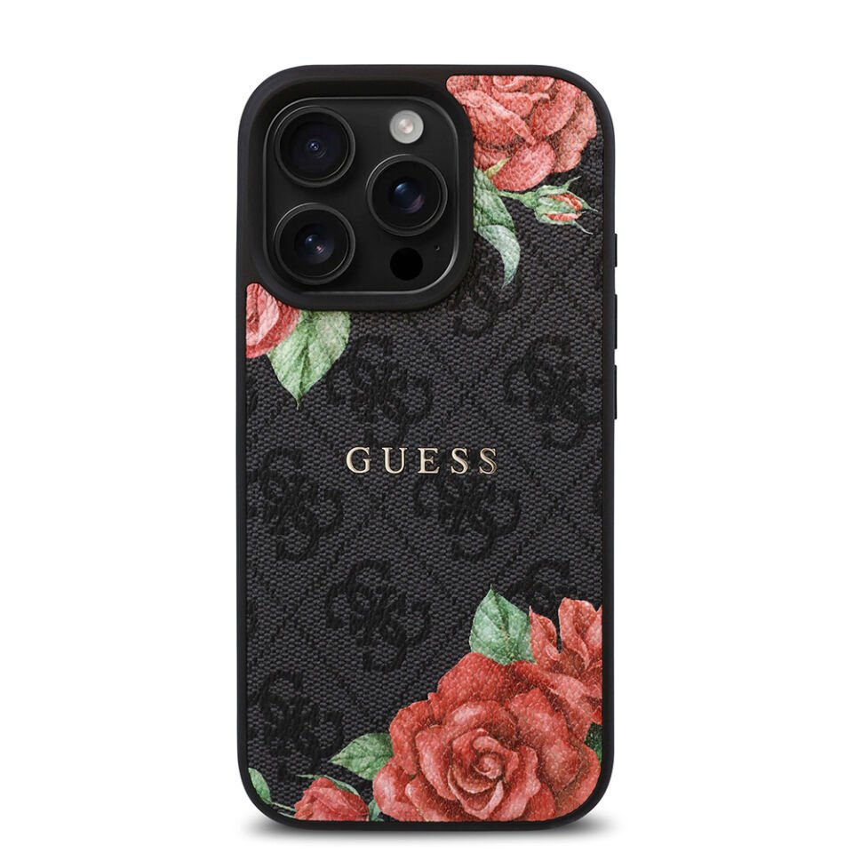 Apple iPhone 16 Pro Max Kılıf Guess Orjinal Lisanslı Magsafe Şarj Özellikli Gül Baskılı 4G Desenli Yazı Logolu Kapak