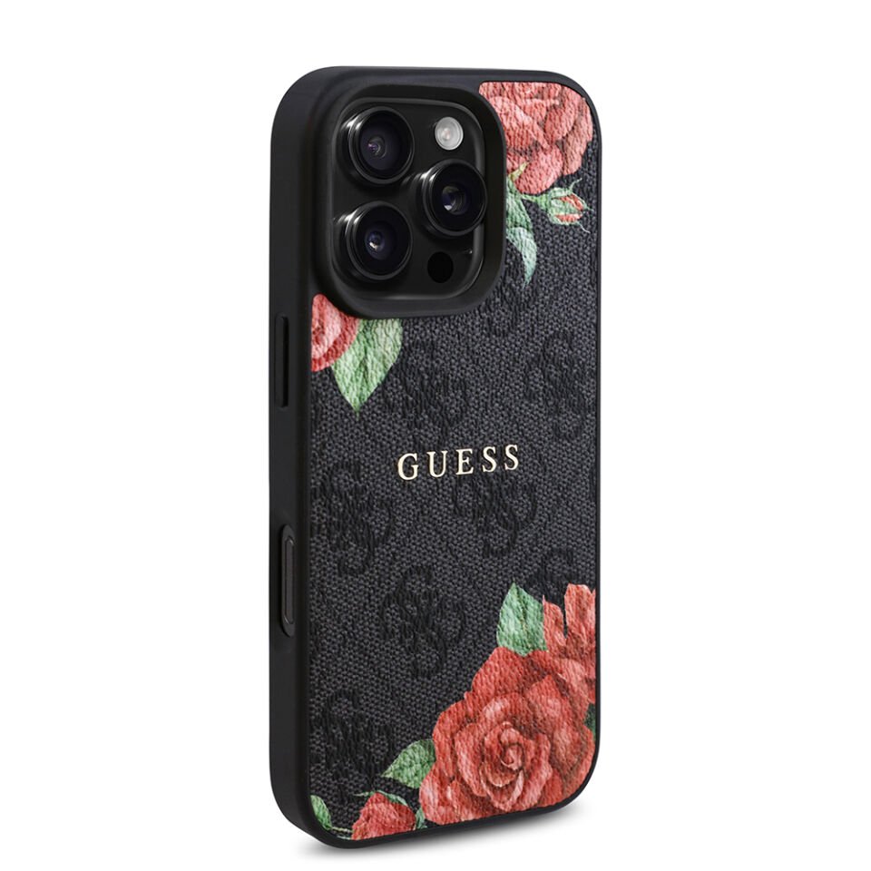 Apple iPhone 16 Pro Max Kılıf Guess Orjinal Lisanslı Magsafe Şarj Özellikli Gül Baskılı 4G Desenli Yazı Logolu Kapak