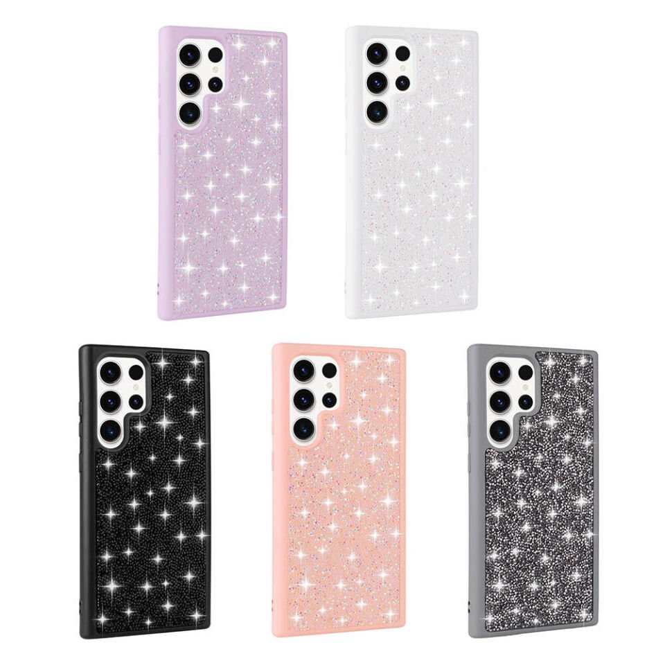 Samsung Galaxy S23 Ultra Kılıf Parlak Taşlı Tasarım Kamera Yükseltili Korumalı Kapak (Pırlanta) Beyaz