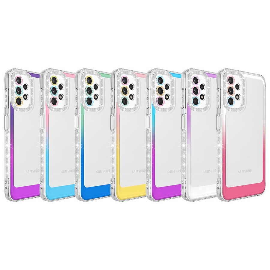 Samsung Galaxy A32 4G Kılıf Simli Renkli Parlak Kamera Lens Korumalı Transparan Kapak (Park) Mor-Pembe