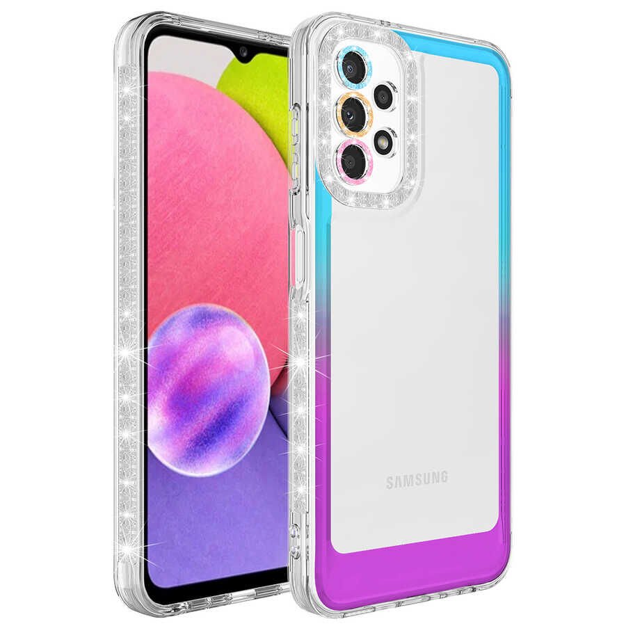 Samsung Galaxy A32 4G Kılıf Simli Renkli Parlak Kamera Lens Korumalı Transparan Kapak (Park) Mavi-Mor