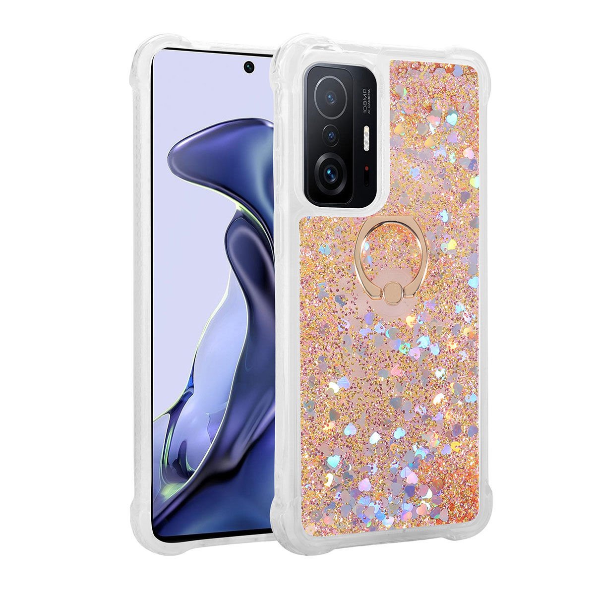 Xiaomi Mi 11T 5G Kılıf Sıvılı Akışkanlı Desenli Simli Yüzüklü Silikon Kapak (MİLCE) Pembe