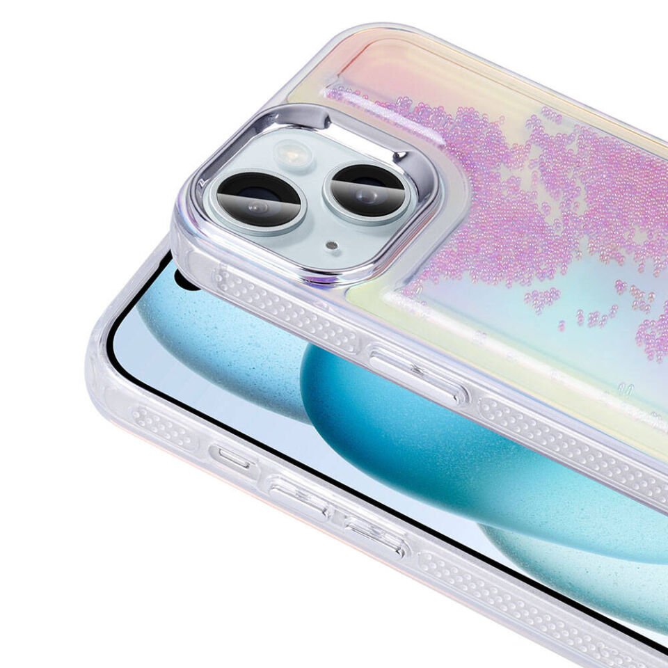 Apple iPhone 15 Kılıf Airbagli Renkli Arka Yüzey Boncuk Tasarımlı Kapak (Kumul) Şeffaf