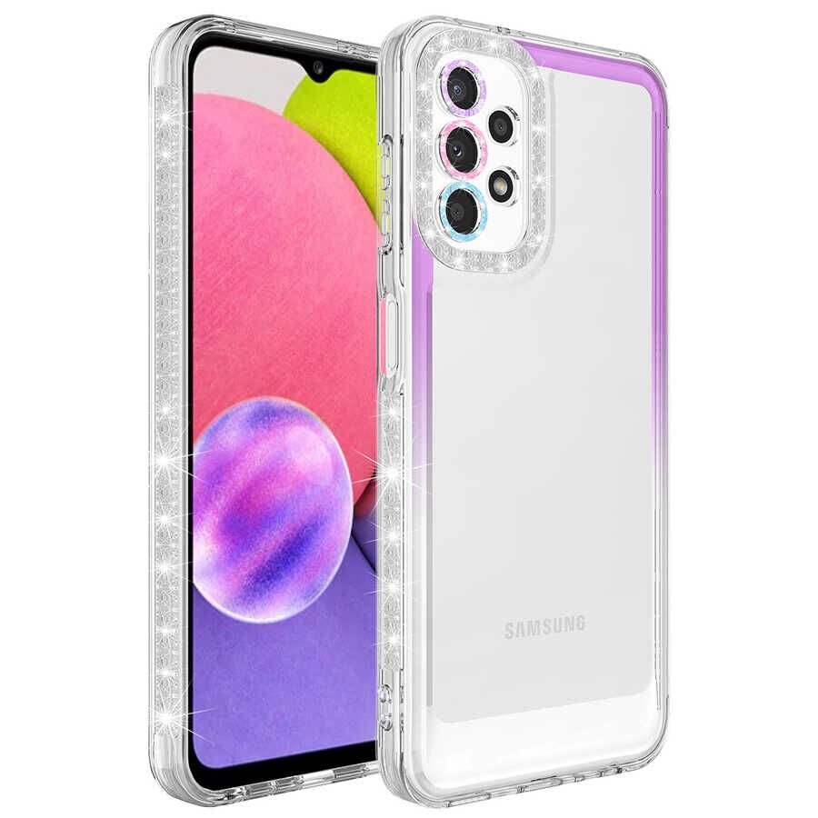 Samsung Galaxy A23 Kılıf Simli Renkli Parlak Kamera Lens Korumalı Transparan Kapak (Park) Pembe-Mavi