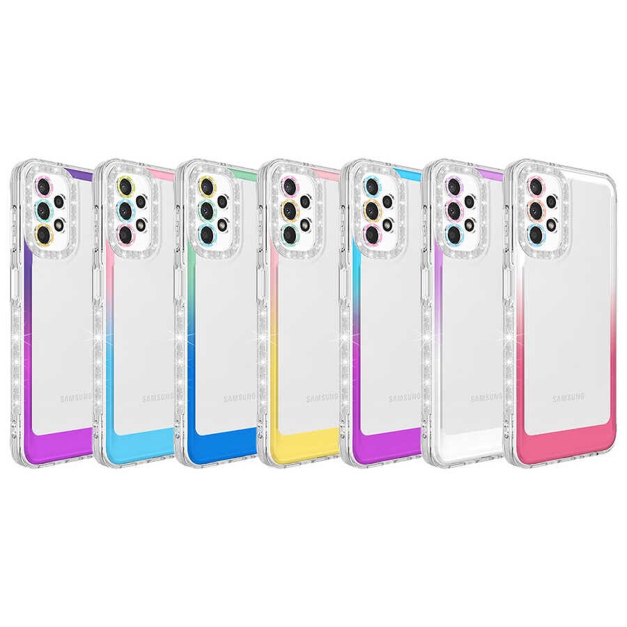 Samsung Galaxy A23 Kılıf Simli Renkli Parlak Kamera Lens Korumalı Transparan Kapak (Park) Pembe-Mavi