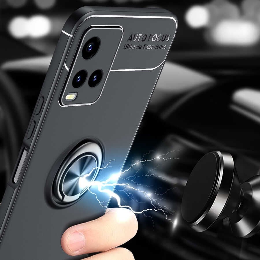 Vivo Y21S Kılıf Kamera Çıkıntılı Renkli Yüzüklü Standlı Mıknatıslı Kapak (RAVEL) Siyah