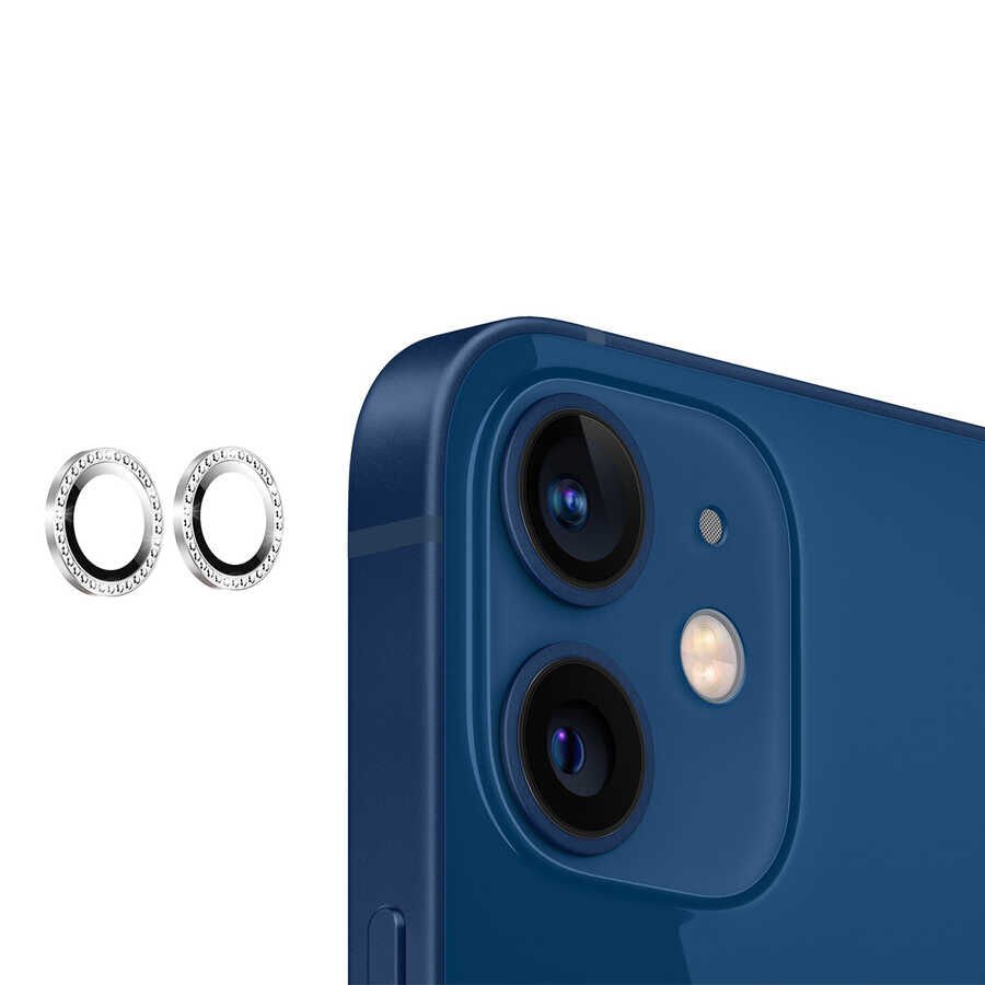 Apple iPhone 12 Kamera Lens Koruyucu Renkli Taşlı Tasarım Kolay Takma Aparatlı (CL-06) Yeşil