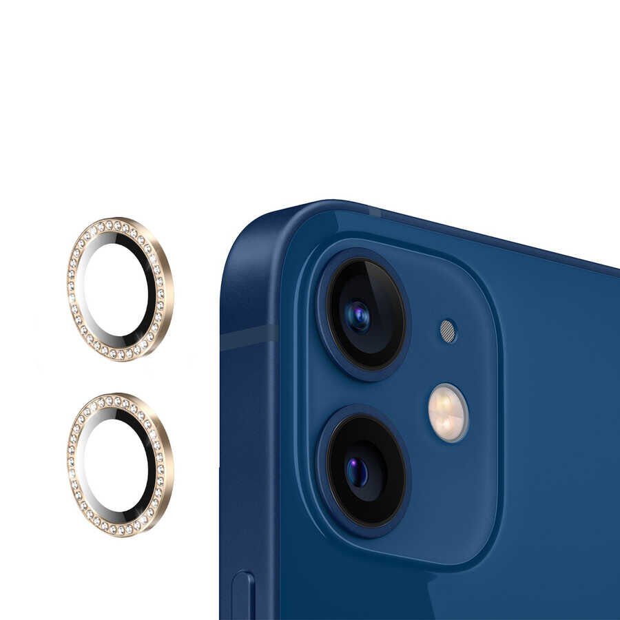 Apple iPhone 12 Kamera Lens Koruyucu Renkli Taşlı Tasarım Kolay Takma Aparatlı (CL-06) Yeşil