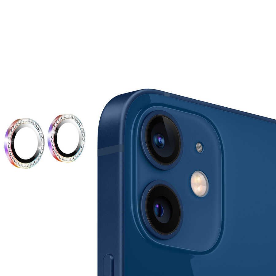 Apple iPhone 12 Kamera Lens Koruyucu Renkli Taşlı Tasarım Kolay Takma Aparatlı (CL-06) Colorful