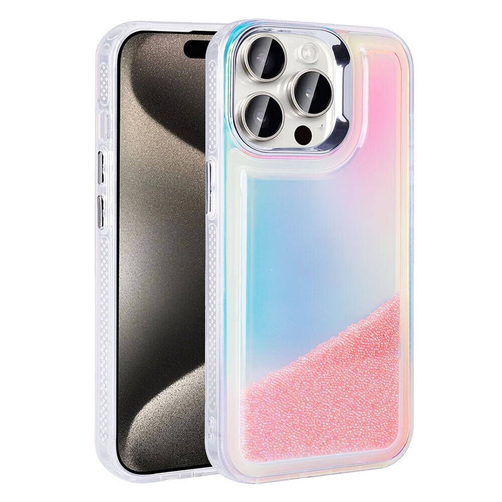 Apple iPhone 15 Pro Max Kılıf Airbagli Renkli Arka Yüzey Boncuk Tasarımlı Kapak (Kumul) Pembe