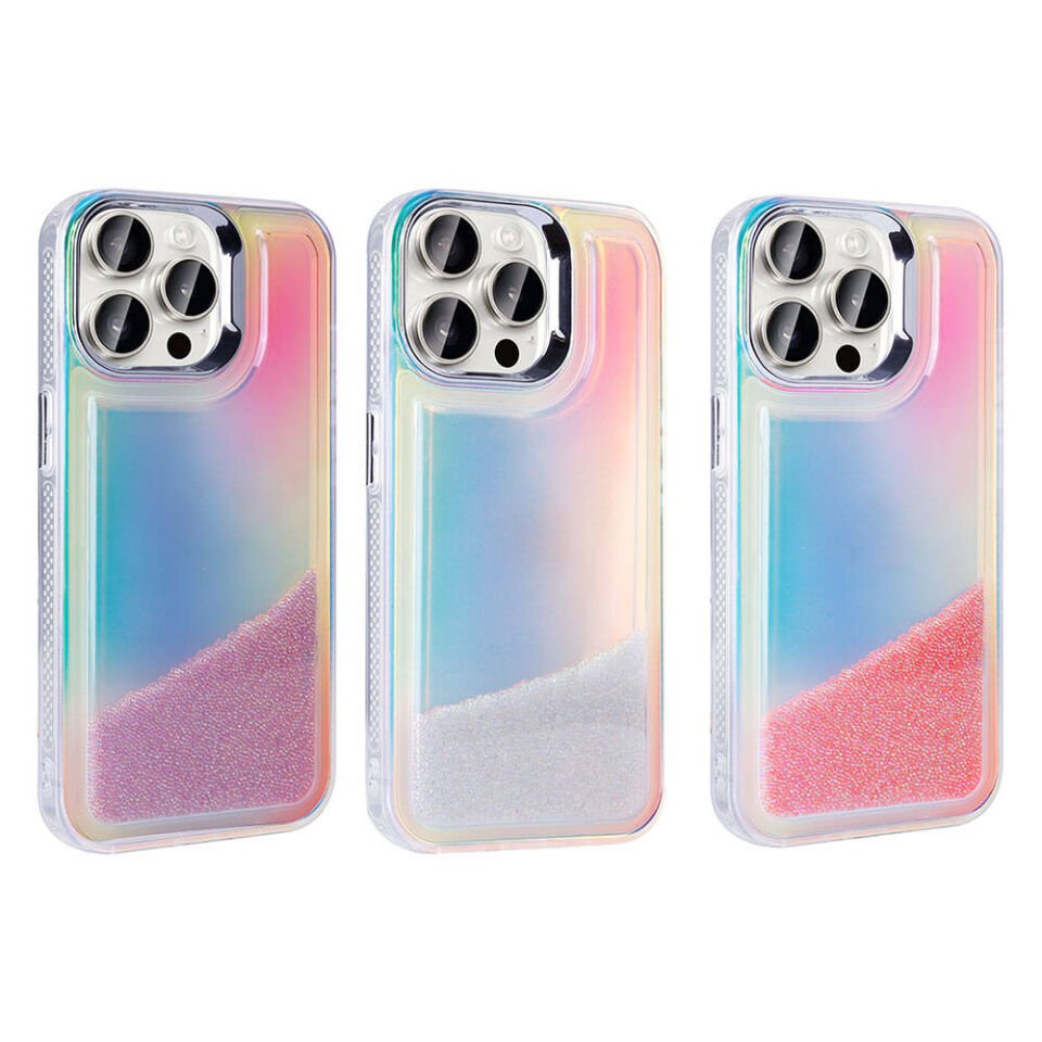 Apple iPhone 15 Pro Max Kılıf Airbagli Renkli Arka Yüzey Boncuk Tasarımlı Kapak (Kumul) Pembe