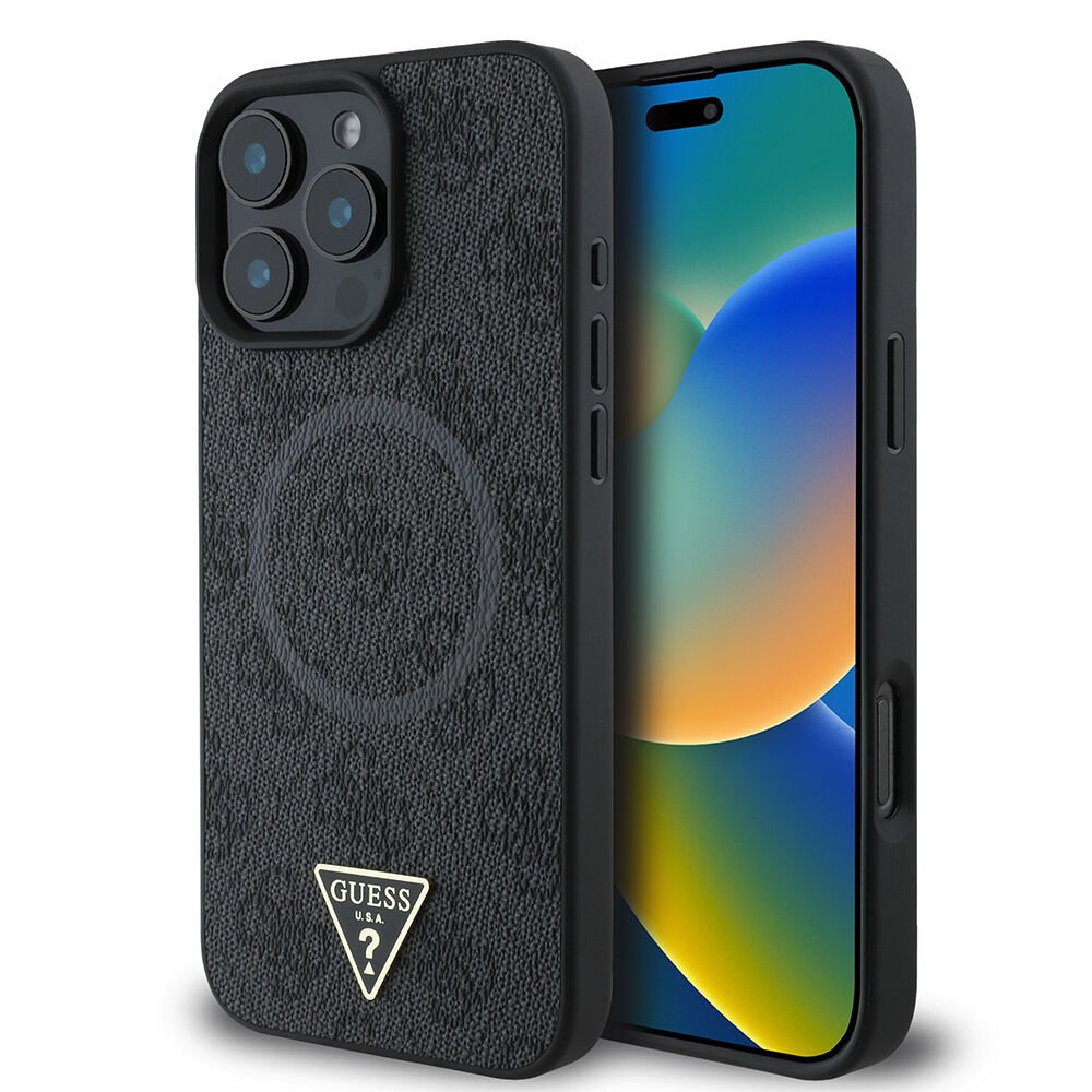 Apple iPhone 16 Pro Max Kılıf Guess Orjinal Lisanslı Magsafe Şarj Özellikli PU Üçgen Logo 4G Desenli Kapak