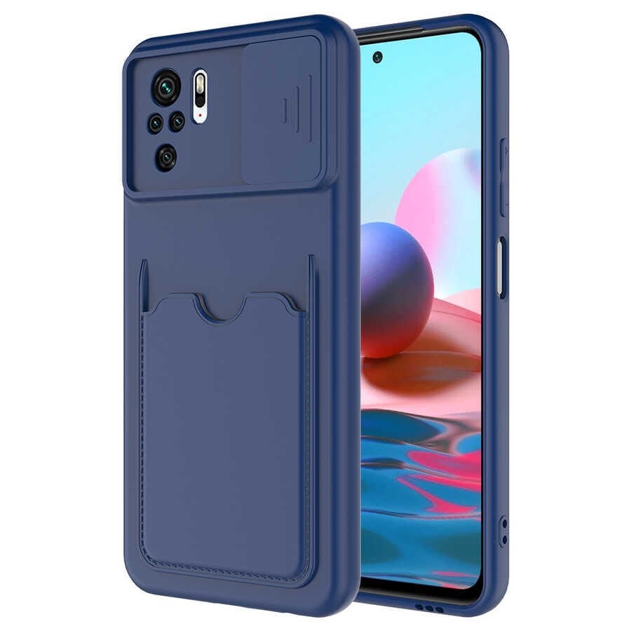 Xiaomi Redmi Note 10S Kılıf Cüzdan Sürgülü Kamera Korumalı Kartllıklı Bölmeli Kapak (Kartix) Lacivert
