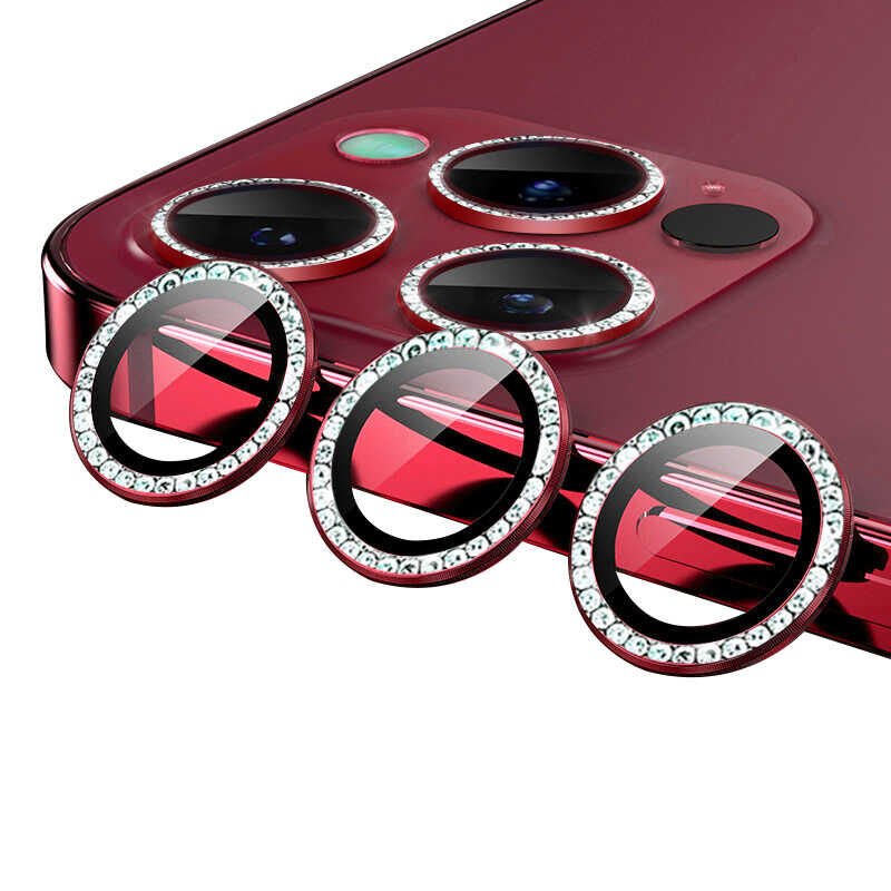 Apple iPhone 12 Pro Kamera Lens Koruyucu Renkli Taşlı Tasarım Kolay Takma Aparatlı (CL-06) Kırmızı