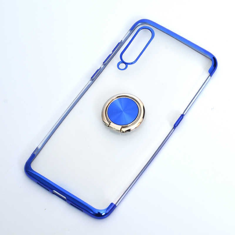 Xiaomi Mi 9 Kılıf Yüzüklü Standlı Silikon Köşeleri Renkli Kapak (GES) Mavi