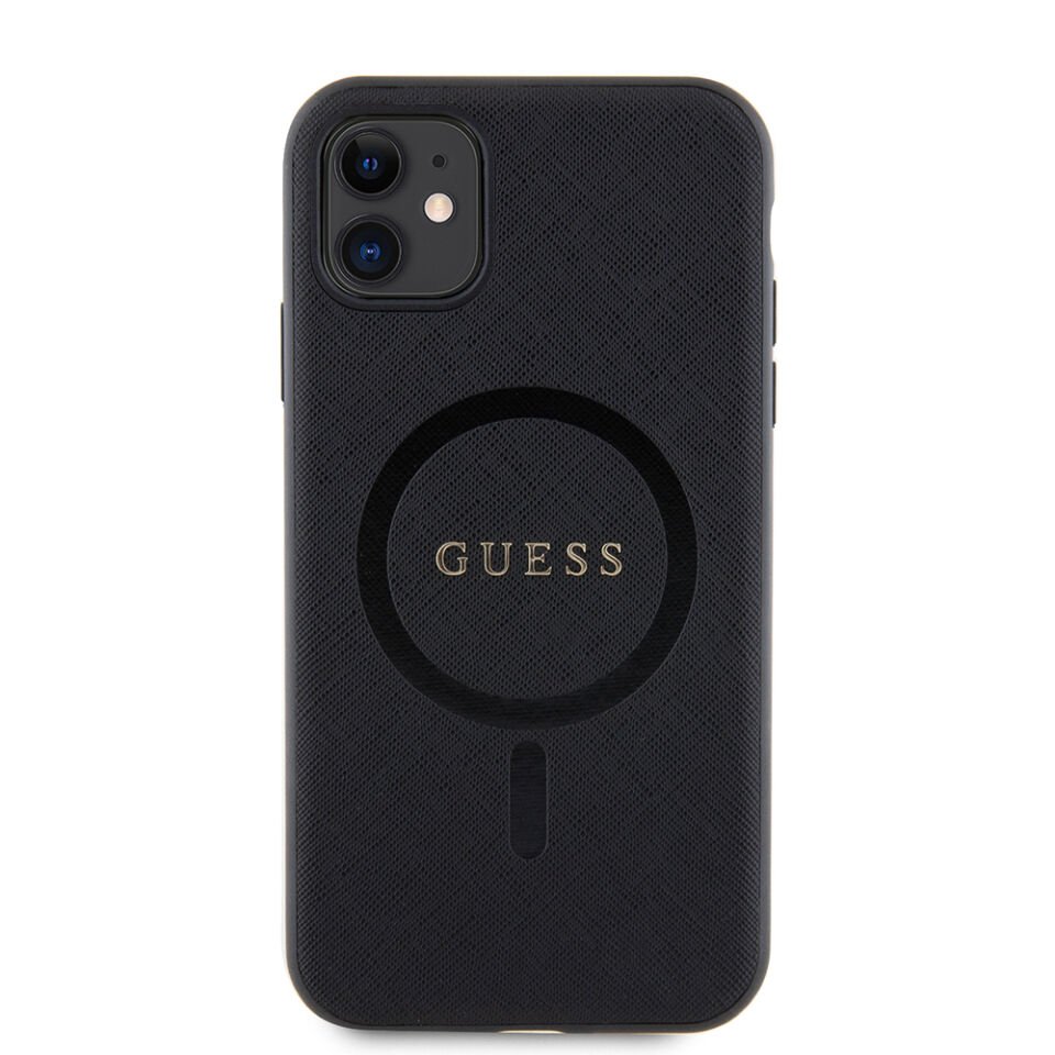 Apple iPhone 11 Kılıf Guess Orjinal Lisanslı Magsafe Şarj Özellikli Yazı Logolu Saffiano Classic Kapak