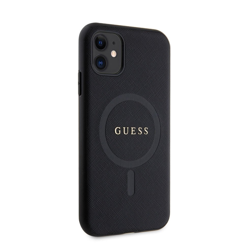 Apple iPhone 11 Kılıf Guess Orjinal Lisanslı Magsafe Şarj Özellikli Yazı Logolu Saffiano Classic Kapak