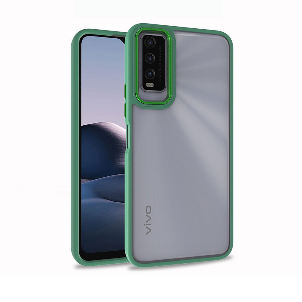 Vivo Y20 Kılıf Kamera Çıkıntılı Arkası Şeffaf Hassas Tuşlu Kenarlı Kapak (Flora) Yeşil