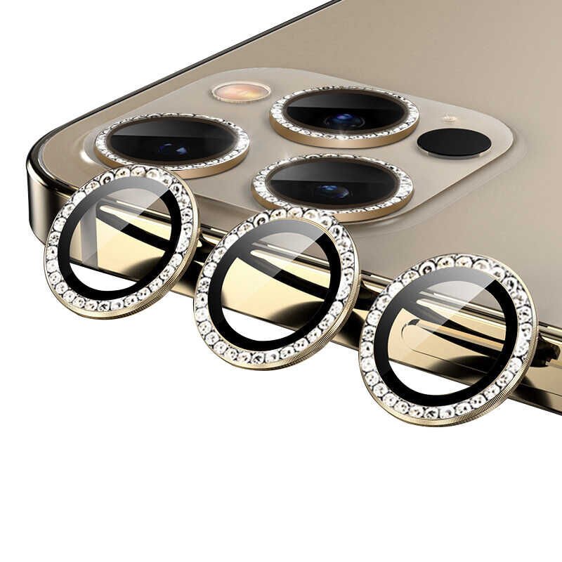 Apple iPhone 12 Pro Kamera Lens Koruyucu Renkli Taşlı Tasarım Kolay Takma Aparatlı (CL-06) Gold