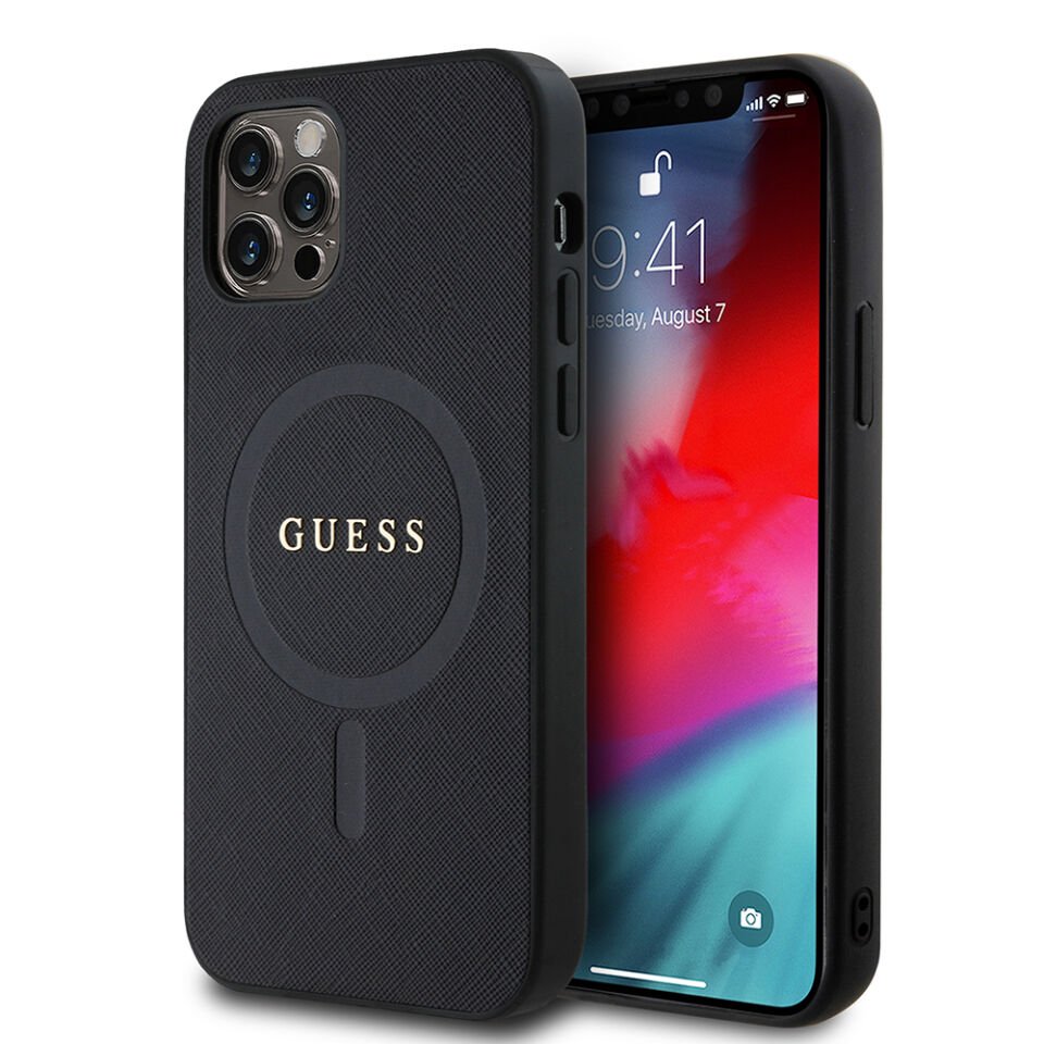Apple iPhone 12 Pro Kılıf Guess Orjinal Lisanslı Magsafe Şarj Özellikli Yazı Logolu Saffiano Classic Kapak