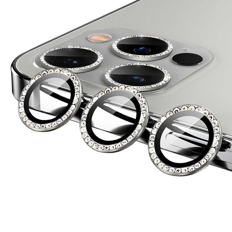 Apple iPhone 12 Pro Kamera Lens Koruyucu Renkli Taşlı Tasarım Kolay Takma Aparatlı (CL-06) Gümüş
