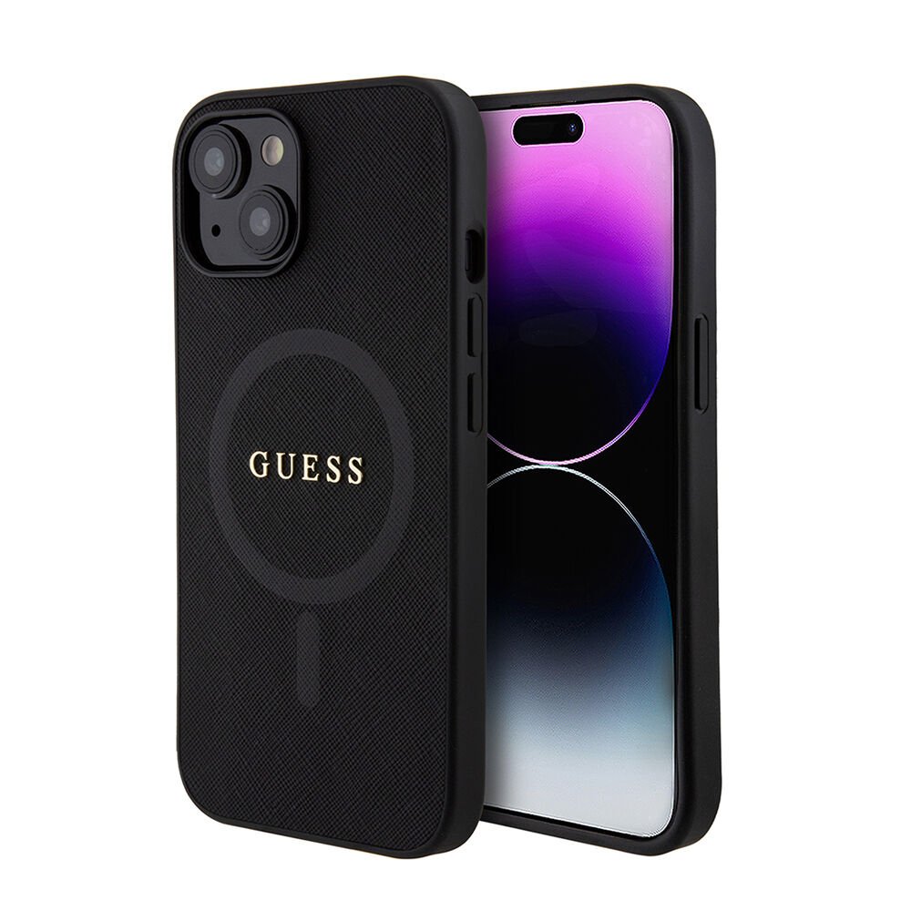 Apple iPhone 14 Kılıf Guess Orjinal Lisanslı Magsafe Şarj Özellikli Yazı Logolu Saffiano Classic Kapak