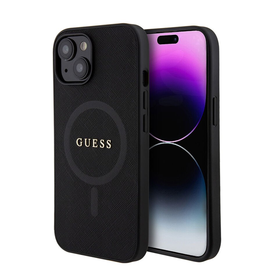 Apple iPhone 14 Kılıf Guess Orjinal Lisanslı Magsafe Şarj Özellikli Yazı Logolu Saffiano Classic Kapak