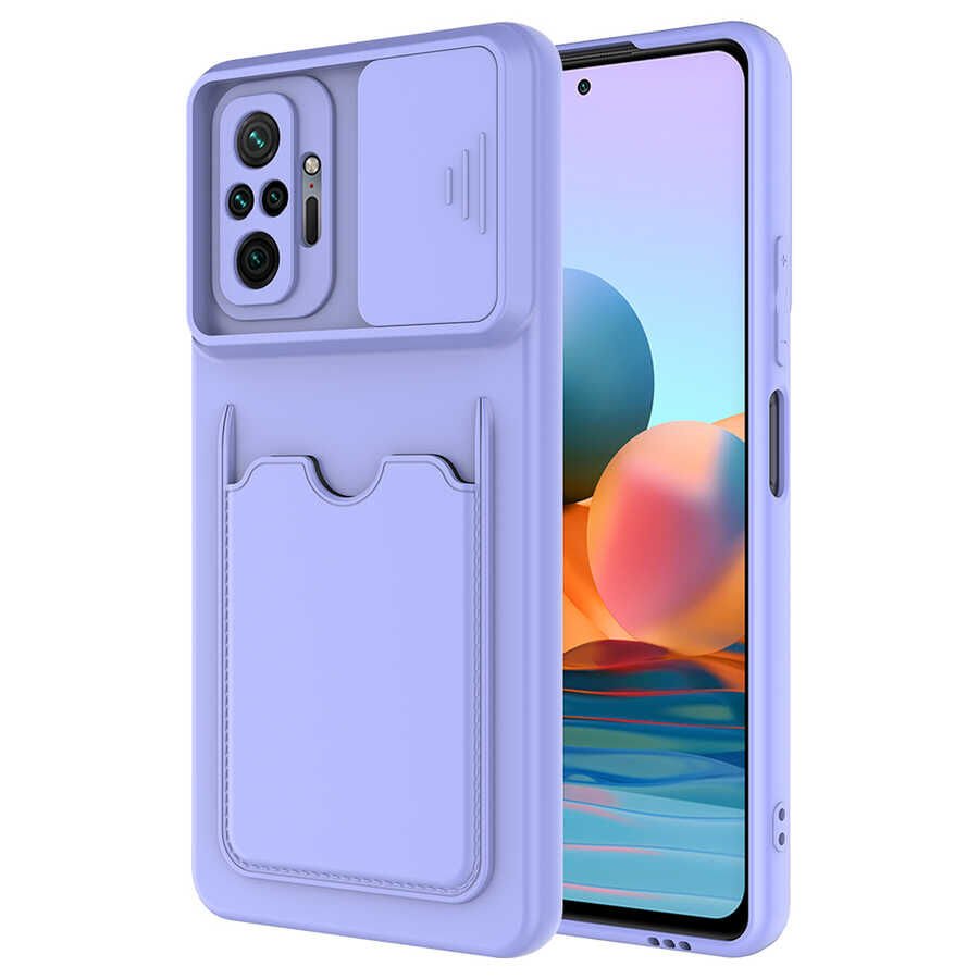 Xiaomi Redmi Note 10 Pro Kılıf Cüzdan Sürgülü Kamera Korumalı Kartllıklı Bölmeli Kapak (Kartix) Lila