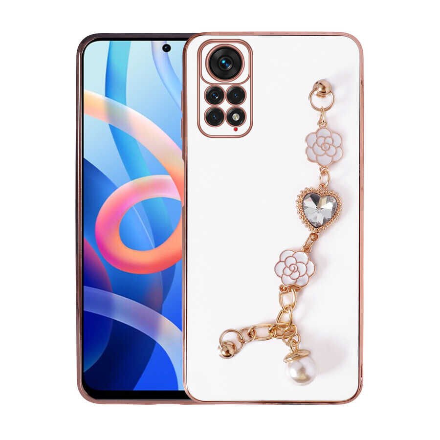 Xiaomi Redmi Note 12 Pro 4G Kılıf Çiçek Desenli Askılı Tutamaçlı Kamera Korumalı Kapak (TAKA) Beyaz