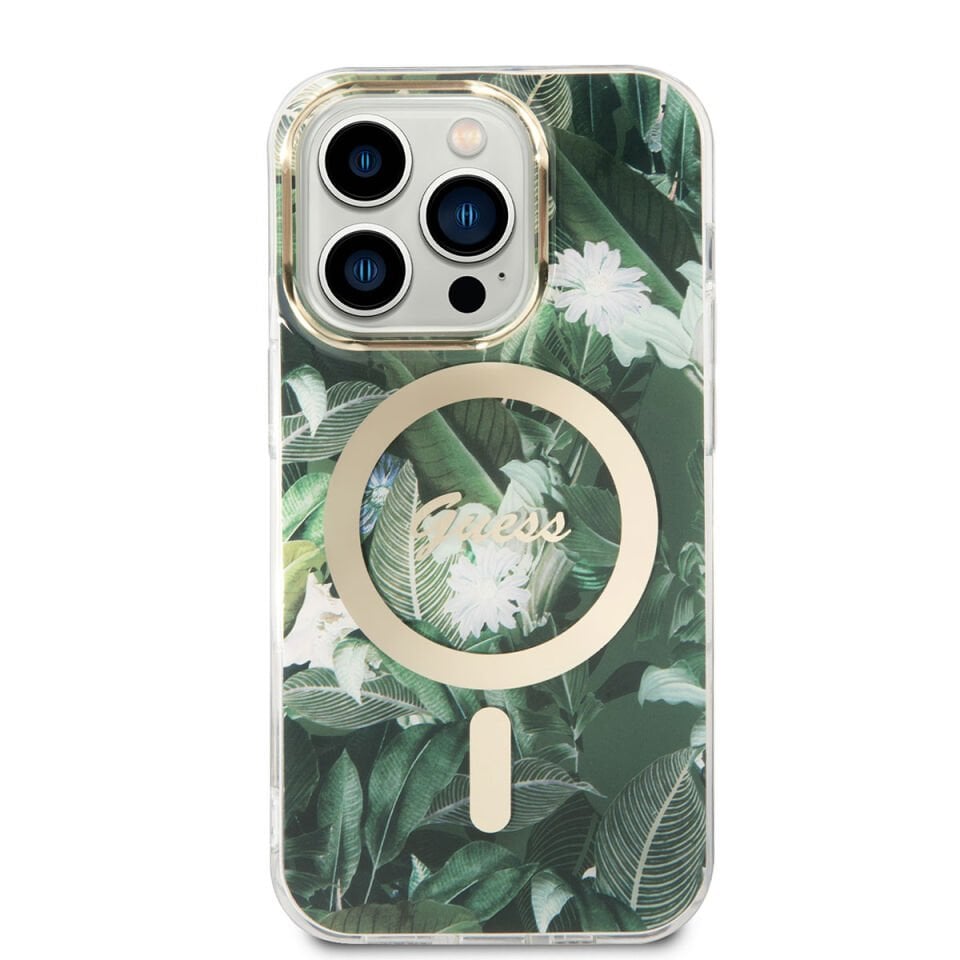 Apple iPhone 14 Pro Kılıf GUESS Magsafe Şarj Özellikli Yaprak Desenli Magsafe Şarj Kablolu Kapak