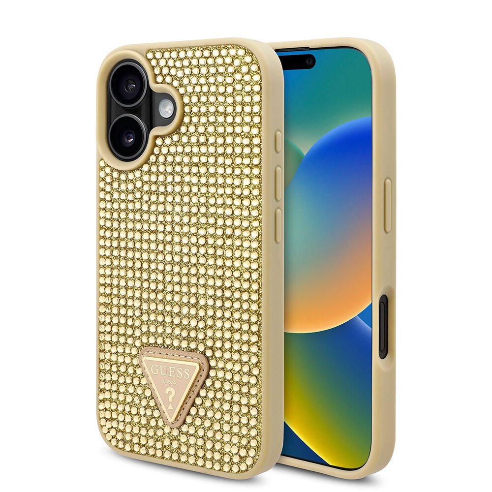 Apple iPhone 16 Kılıf Guess Orjinal Lisanslı Taşlı Arka Yüzey Üçgen Logolu Kapak