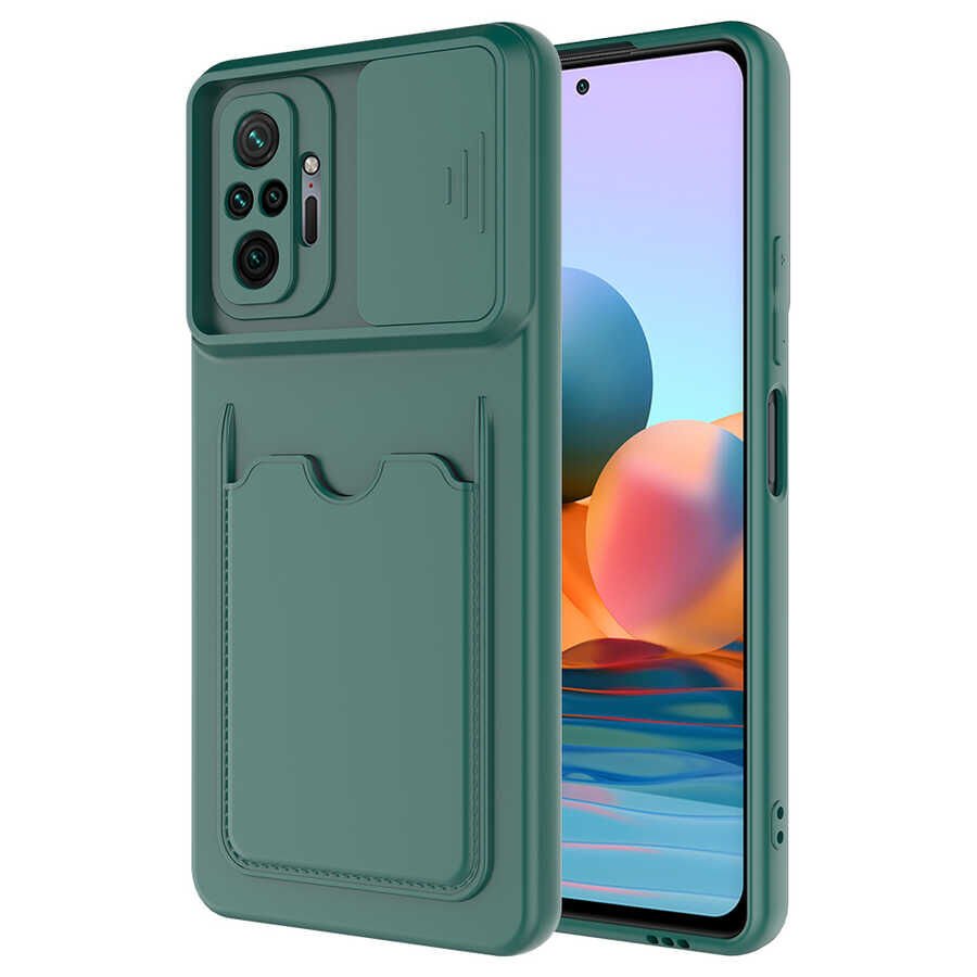 Xiaomi Redmi Note 10 Pro Kılıf Cüzdan Sürgülü Kamera Korumalı Kartllıklı Bölmeli Kapak (Kartix) Koyu Yeşil