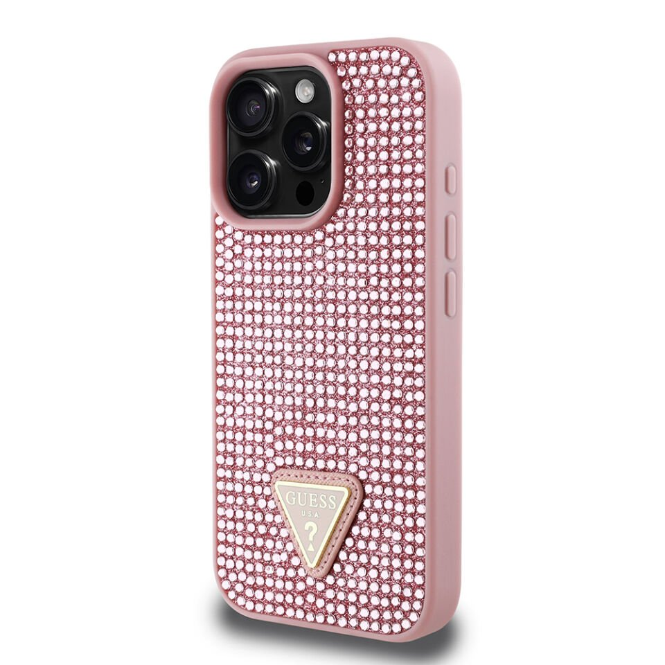Apple iPhone 16 Pro Kılıf Guess Orjinal Lisanslı Taşlı Arka Yüzey Üçgen Logolu Kapak