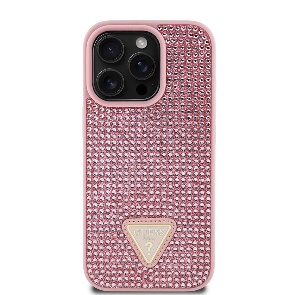 Apple iPhone 16 Pro Kılıf Guess Orjinal Lisanslı Taşlı Arka Yüzey Üçgen Logolu Kapak