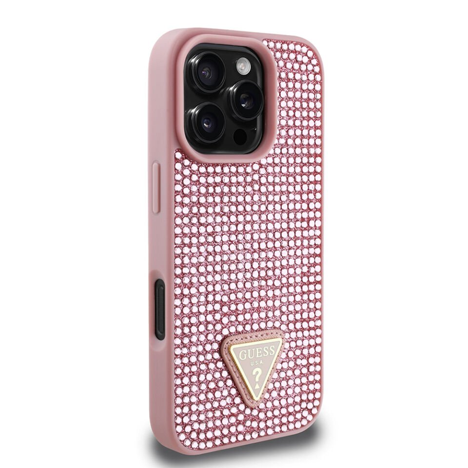 Apple iPhone 16 Pro Kılıf Guess Orjinal Lisanslı Taşlı Arka Yüzey Üçgen Logolu Kapak