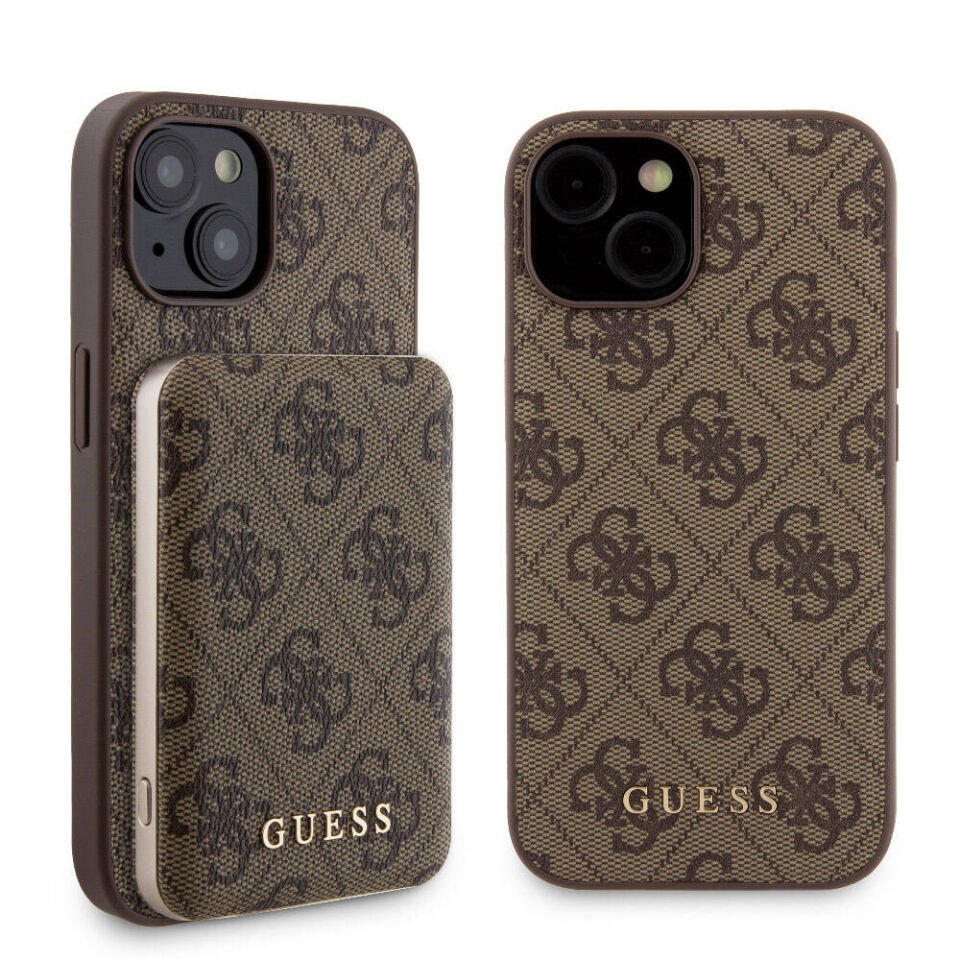 Apple iPhone 15 Kılıf Guess Orjinal Lisanslı Magsafe Şarj Özellikli Yazı Logolu 4G Desenli Kapak + Powerbank 5000mAh 2in1 Set
