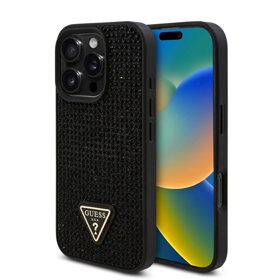 Apple iPhone 16 Pro Max Kılıf Guess Orjinal Lisanslı Taşlı Arka Yüzey Üçgen Logolu Kapak