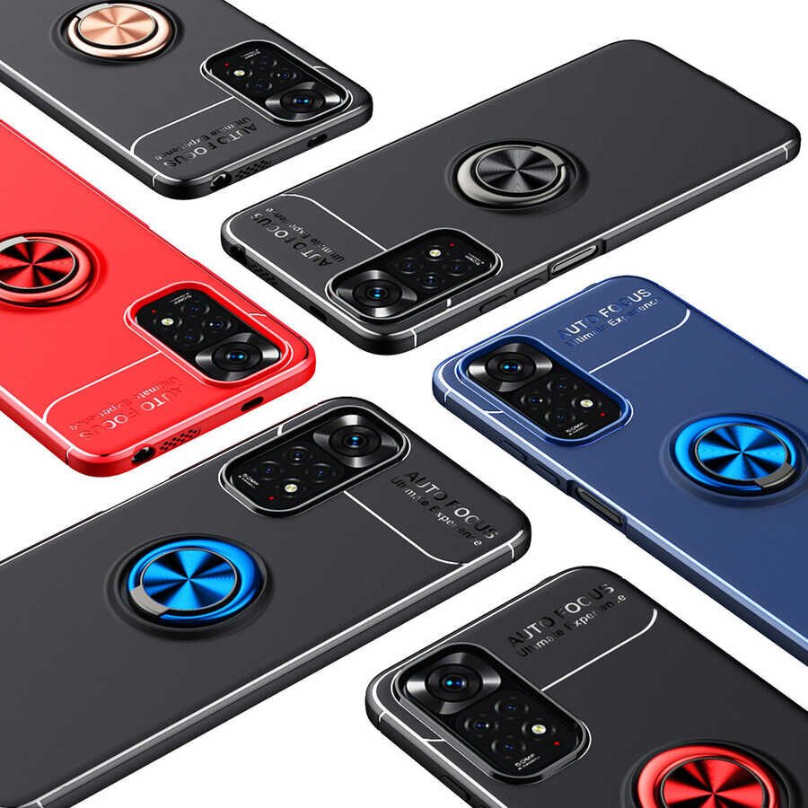 Xiaomi Redmi Note 11S Global Kılıf Kamera Çıkıntılı Renkli Yüzüklü Standlı Mıknatıslı Kapak (RAVEL) Kırmızı