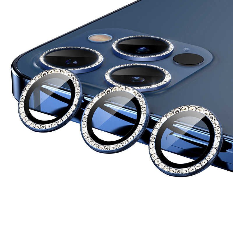 Apple iPhone 11 Pro Kamera Lens Koruyucu Renkli Taşlı Tasarım Kolay Takma Aparatlı (CL-06) Mavi
