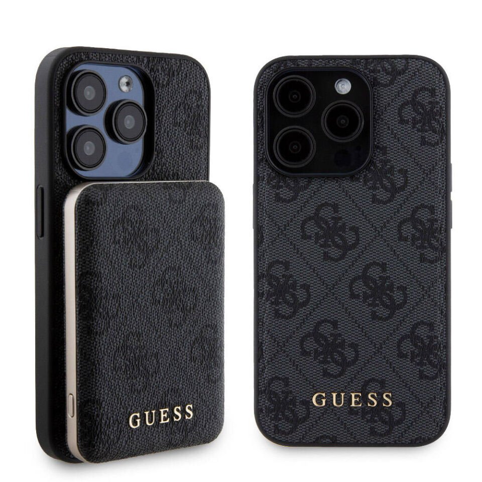 Apple iPhone 15 Pro Kılıf Guess Orjinal Lisanslı Magsafe Şarj Özellikli Yazı Logolu 4G Desenli Kapak + Powerbank 5000mAh 2in1 Set