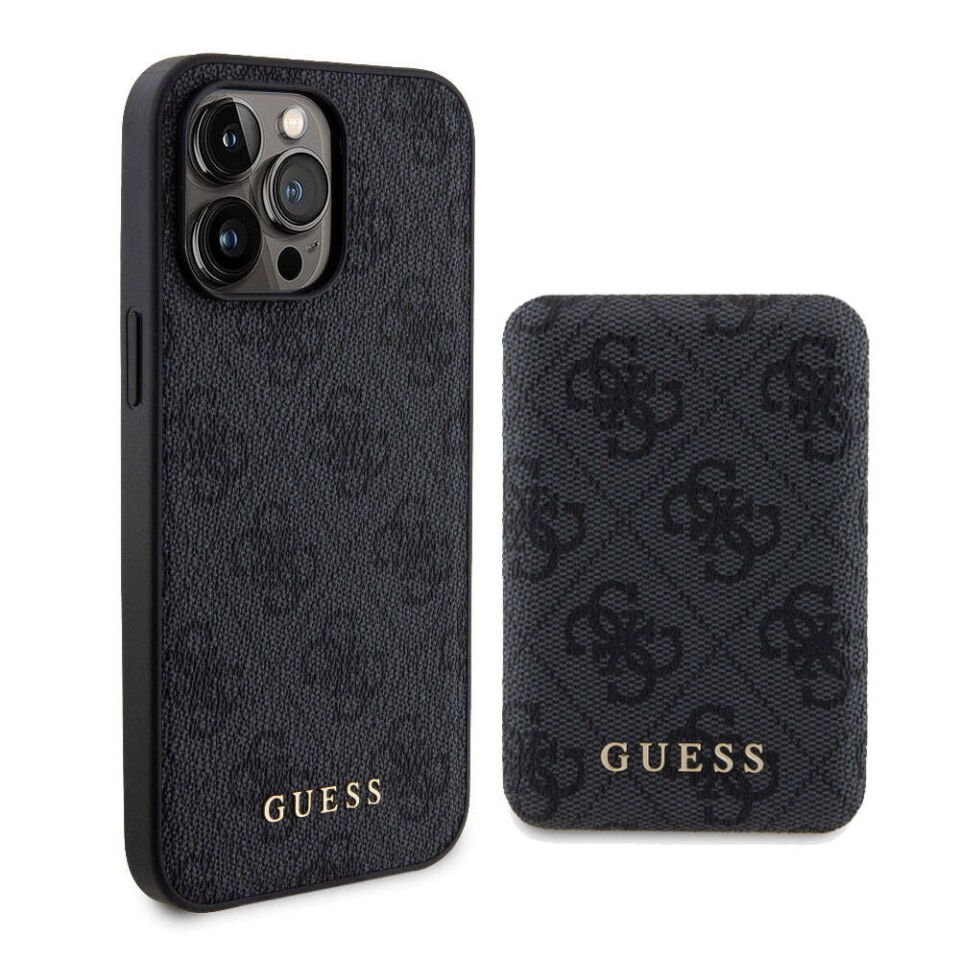 Apple iPhone 15 Pro Max Kılıf Guess Orjinal Lisanslı Magsafe Şarj Özellikli Yazı Logolu 4G Desenli Kapak + Powerbank 5000mAh 2in1 Set