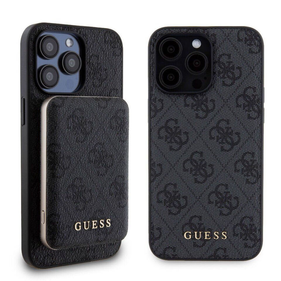 Apple iPhone 15 Pro Max Kılıf Guess Orjinal Lisanslı Magsafe Şarj Özellikli Yazı Logolu 4G Desenli Kapak + Powerbank 5000mAh 2in1 Set